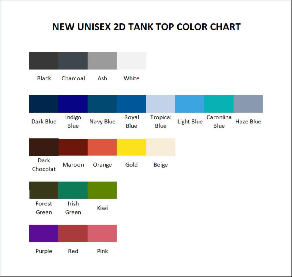 tank top color chart - Book Lover Gift Shop